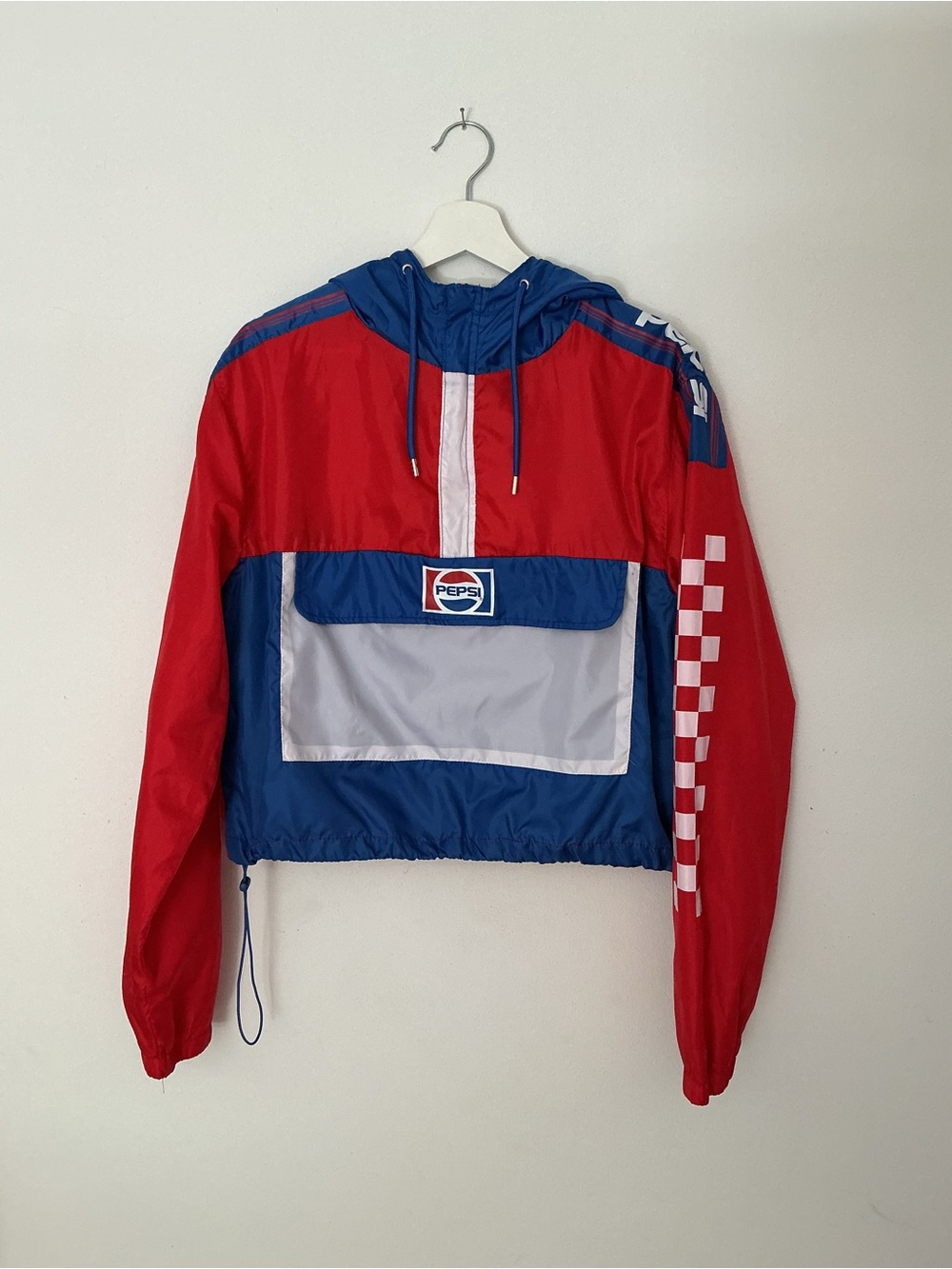 NWOT - Vintage Pepsi Red, Blue & White Colorblock Hooded Windbreaker with Pouch